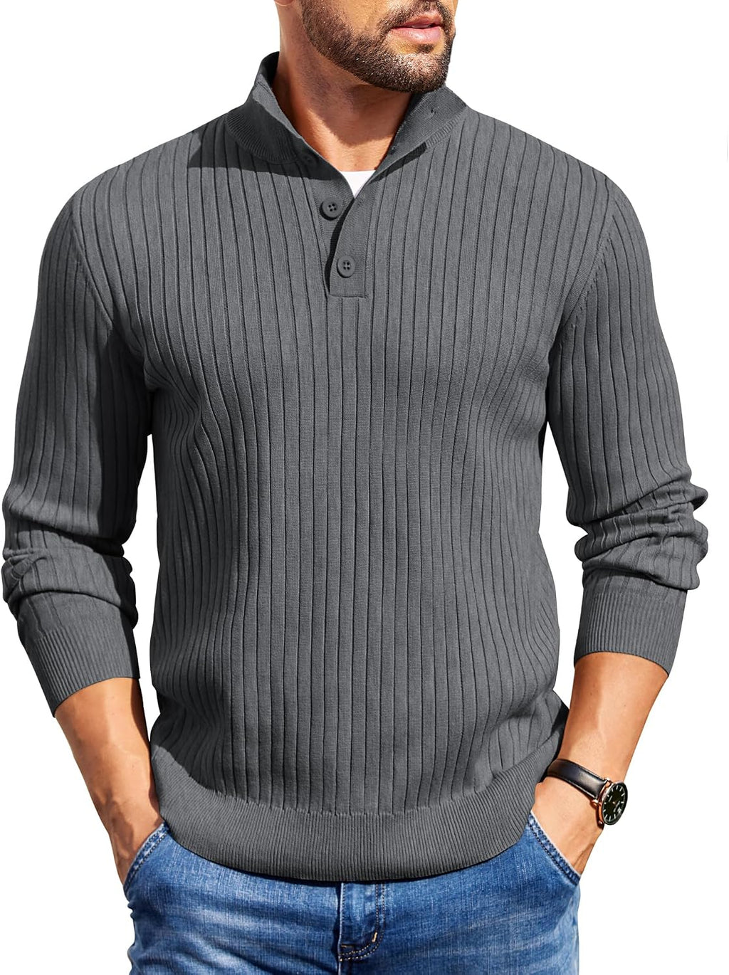 Men's Long Sleeve Ribbed Mock Neck Pullover with Quarter Button Knit