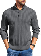 Men's Long Sleeve Ribbed Mock Neck Pullover with Quarter Button Knit