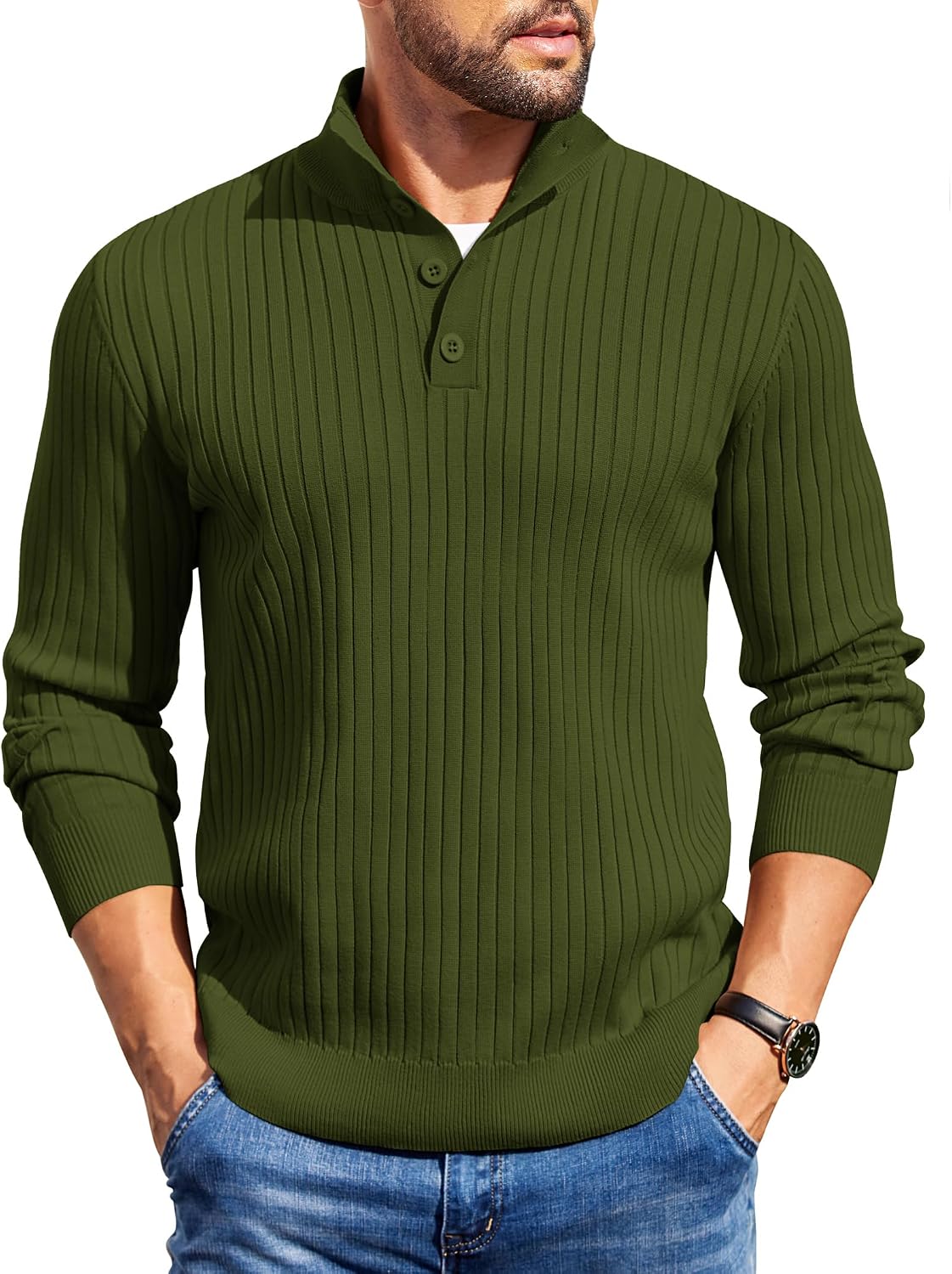 Men's Long Sleeve Ribbed Mock Neck Pullover with Quarter Button Knit