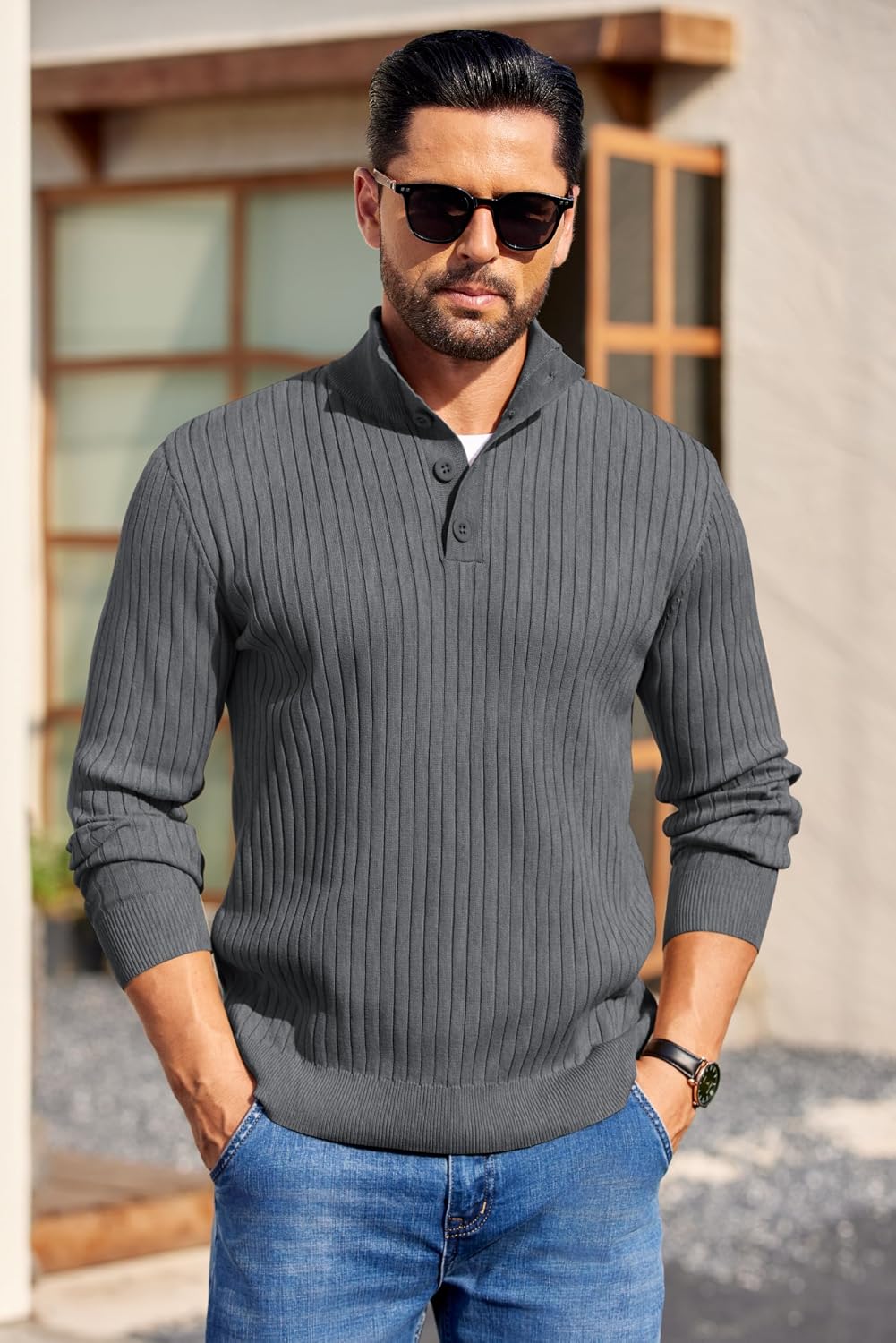 Men's Long Sleeve Ribbed Mock Neck Pullover with Quarter Button Knit