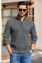 Men's Long Sleeve Ribbed Mock Neck Pullover with Quarter Button Knit