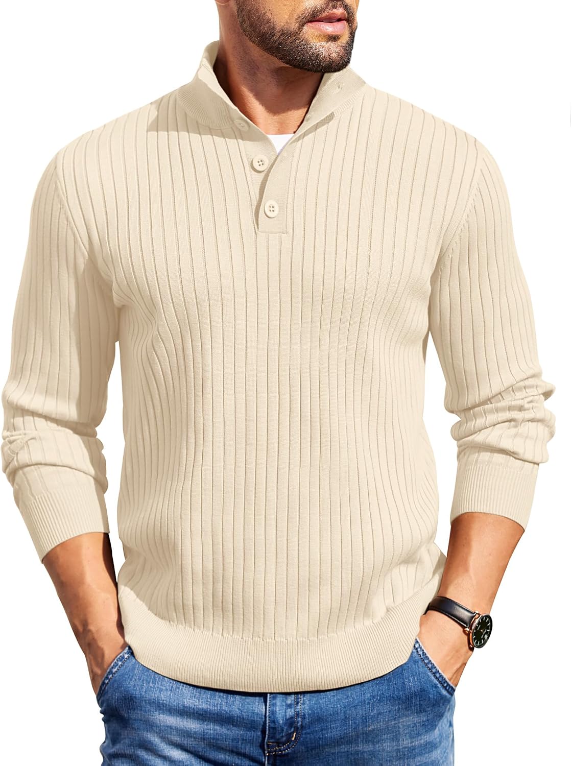 Men's Long Sleeve Ribbed Mock Neck Pullover with Quarter Button Knit