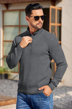Men's Long Sleeve Ribbed Mock Neck Pullover with Quarter Button Knit