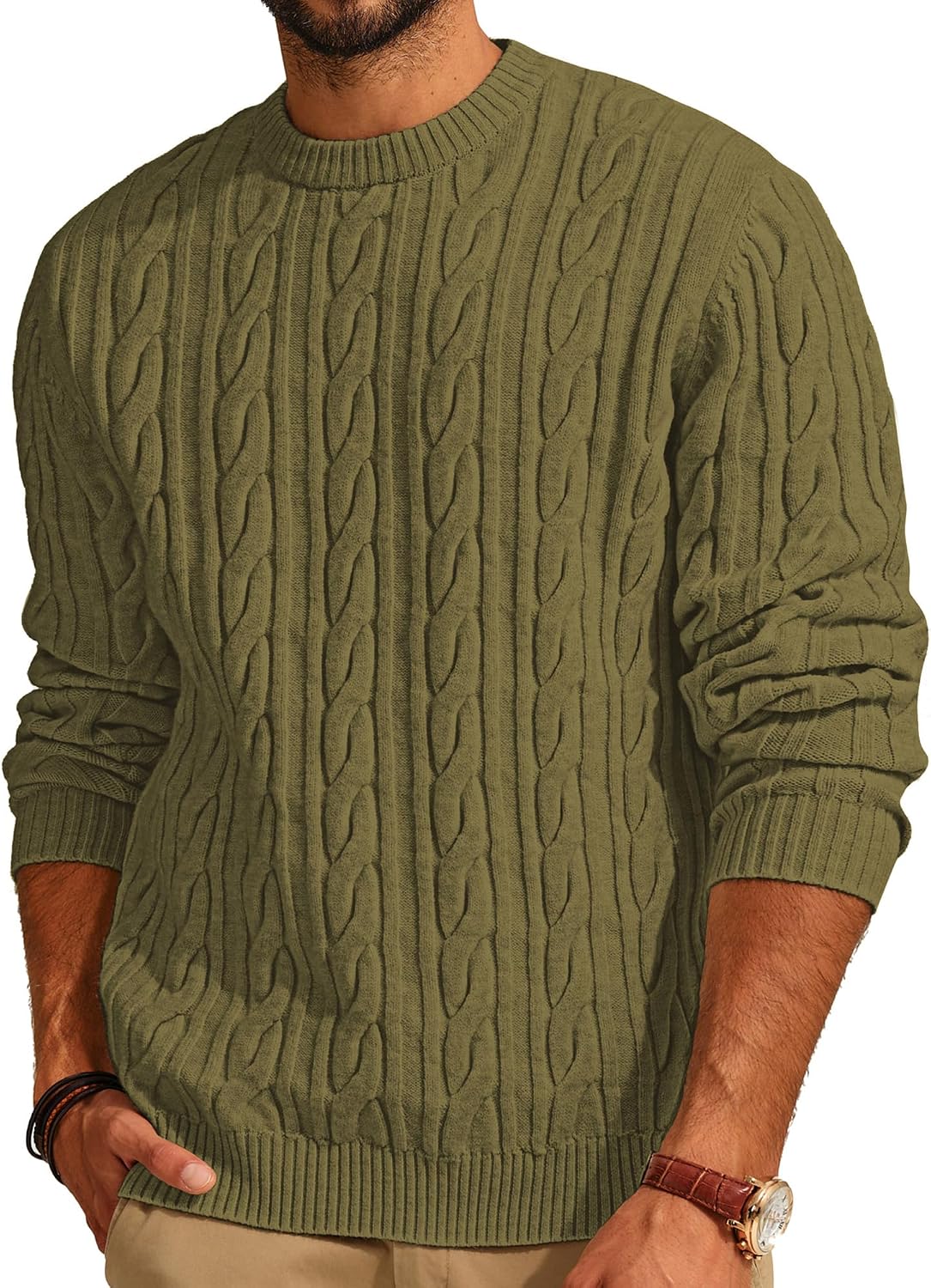 Men's Soft Textured Pullover Knit Jumper with Cable Knit Crew Neck Sweater