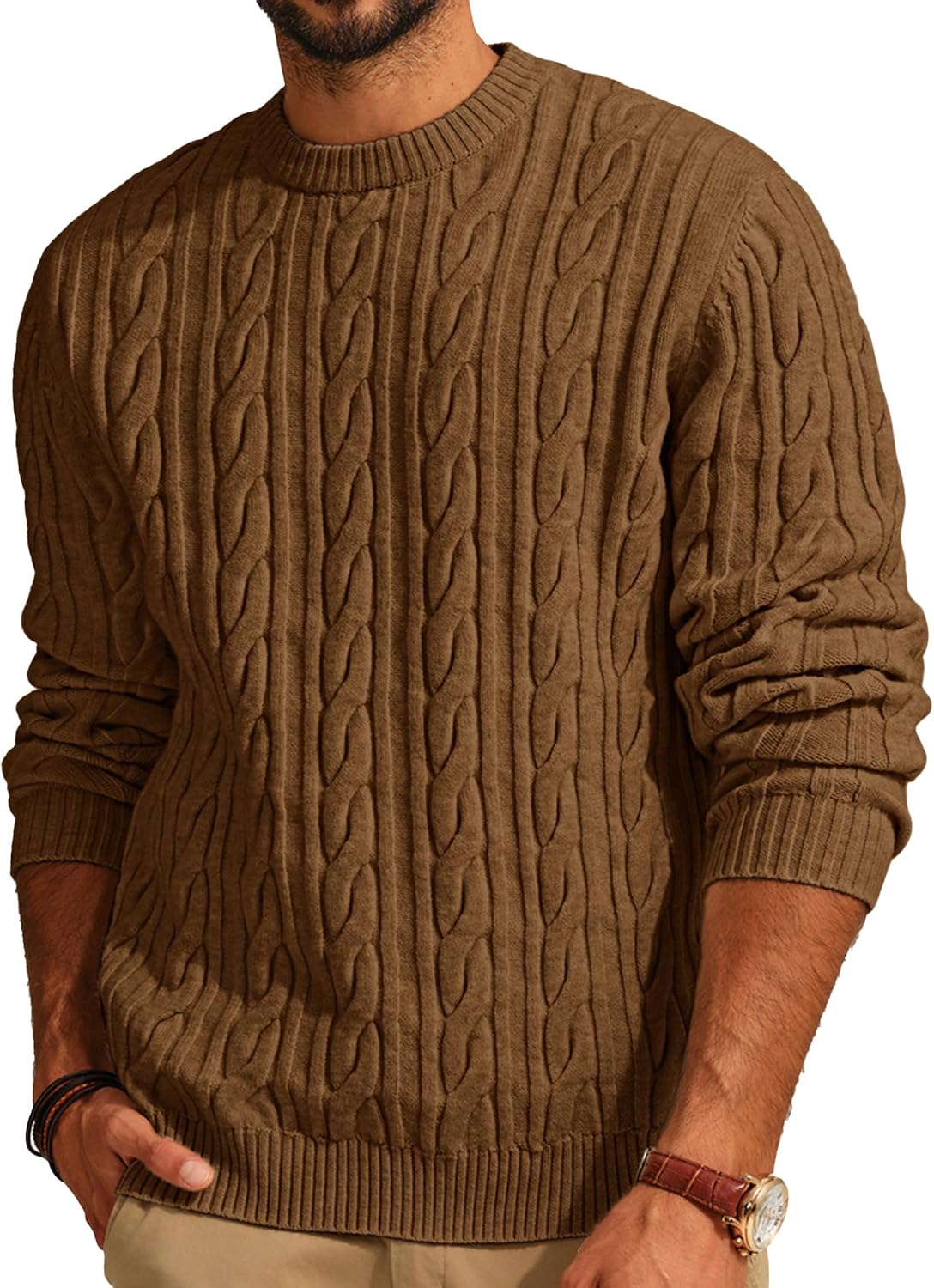 Men's Soft Textured Pullover Knit Jumper with Cable Knit Crew Neck Sweater