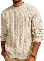 Men's Soft Textured Pullover Knit Jumper with Cable Knit Crew Neck Sweater