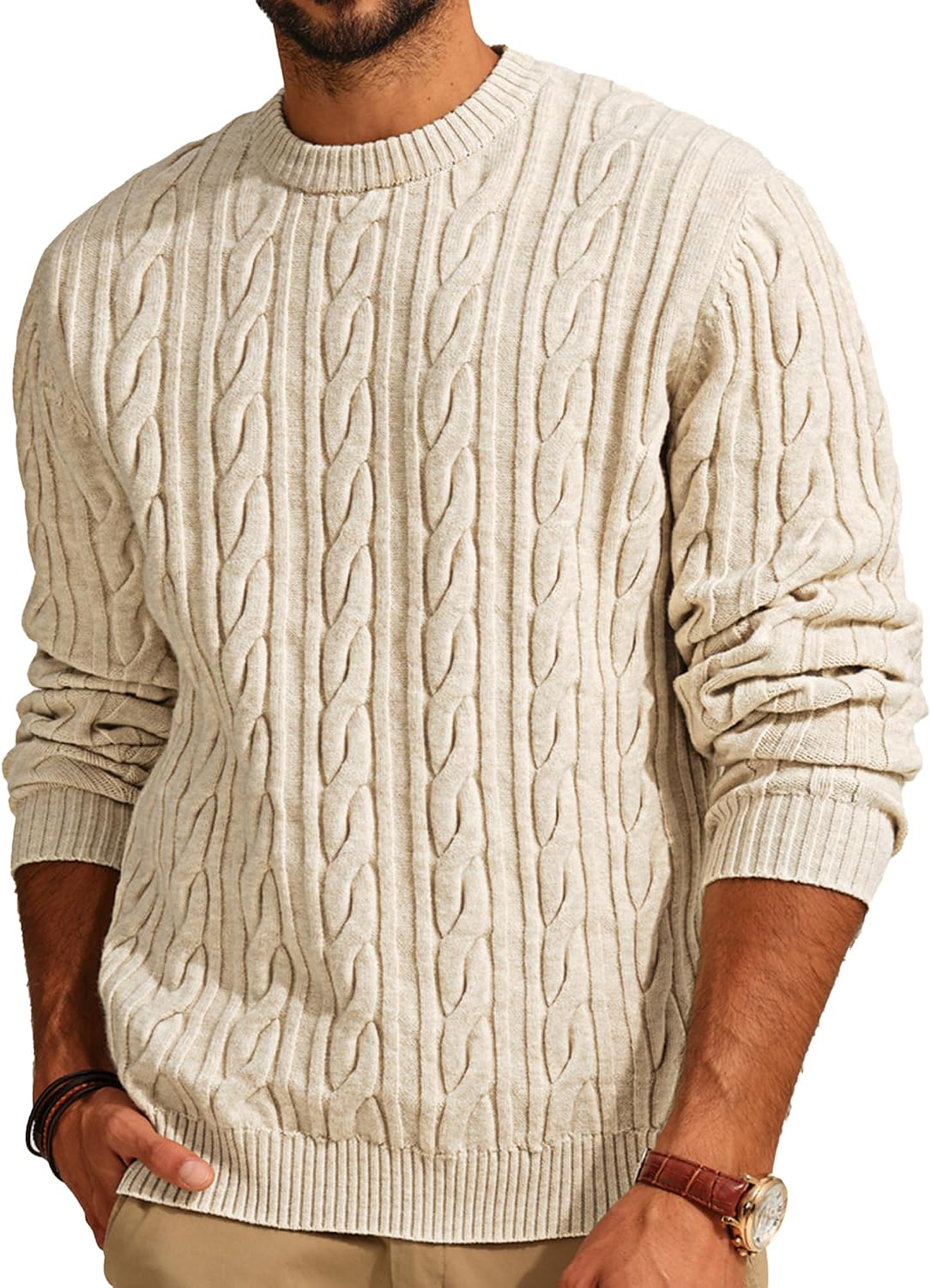 Men's Soft Textured Pullover Knit Jumper with Cable Knit Crew Neck Sweater