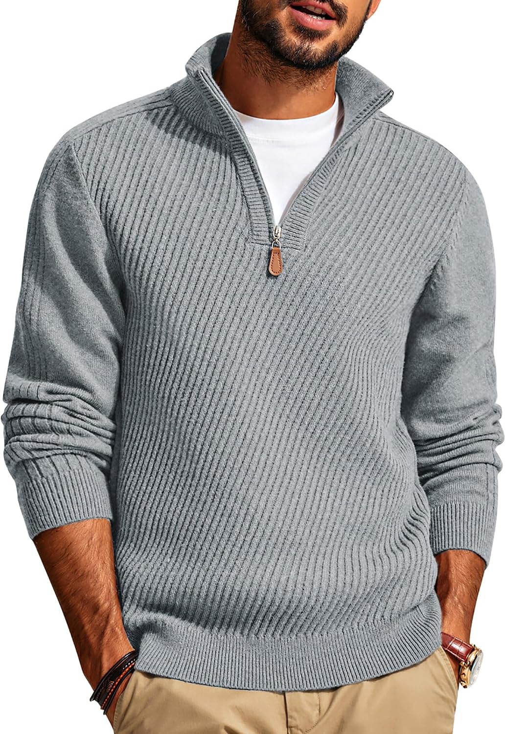 Men's Long Sleeve Textured Pullover with Quarter Zip Knit Sweater