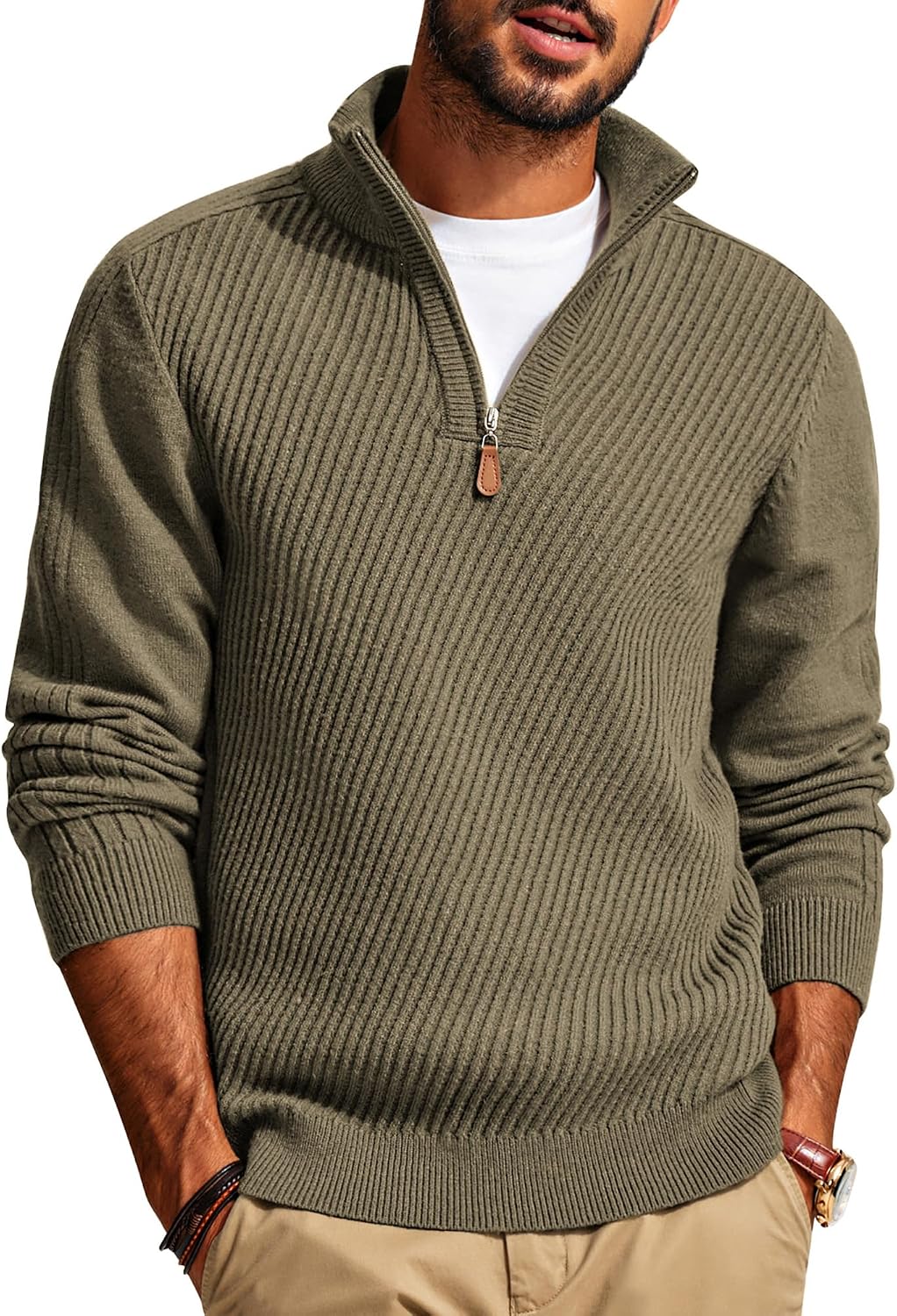 Men's Long Sleeve Textured Pullover with Quarter Zip Knit Sweater