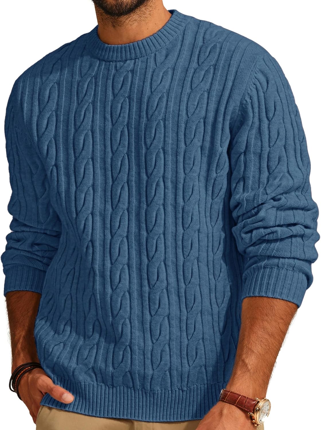 Men's Soft Textured Pullover Knit Jumper with Cable Knit Crew Neck Sweater