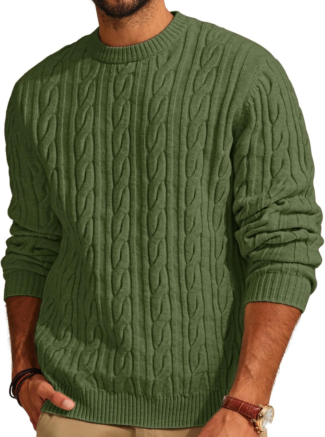 Men's Soft Textured Pullover Knit Jumper with Cable Knit Crew Neck Sweater