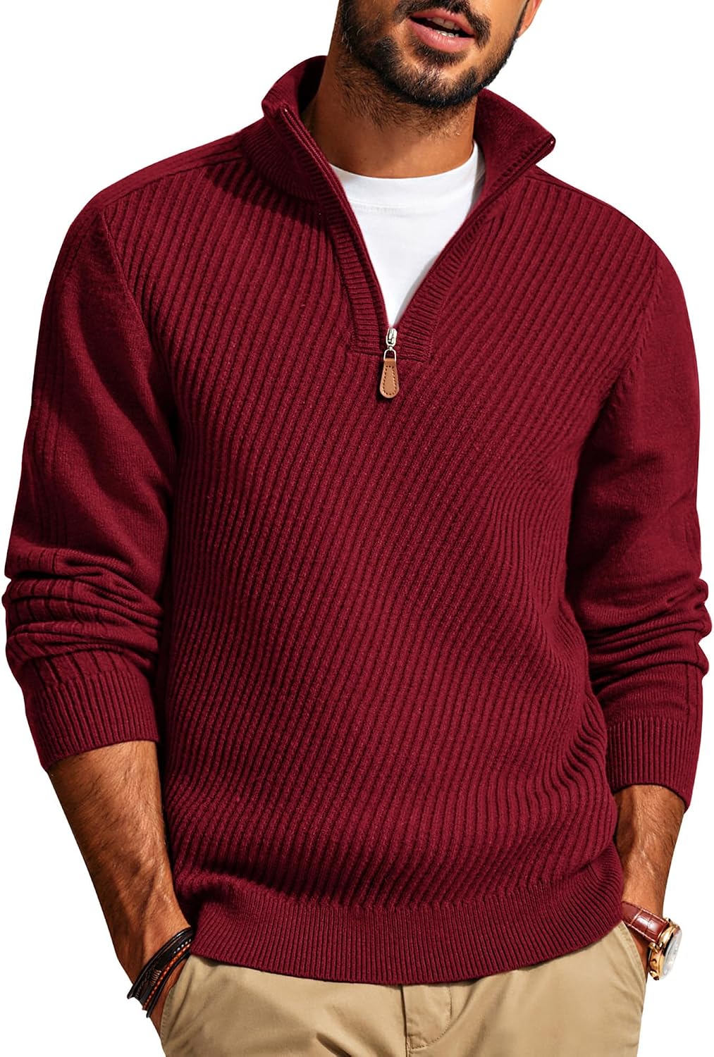 Men's Long Sleeve Textured Pullover with Quarter Zip Knit Sweater