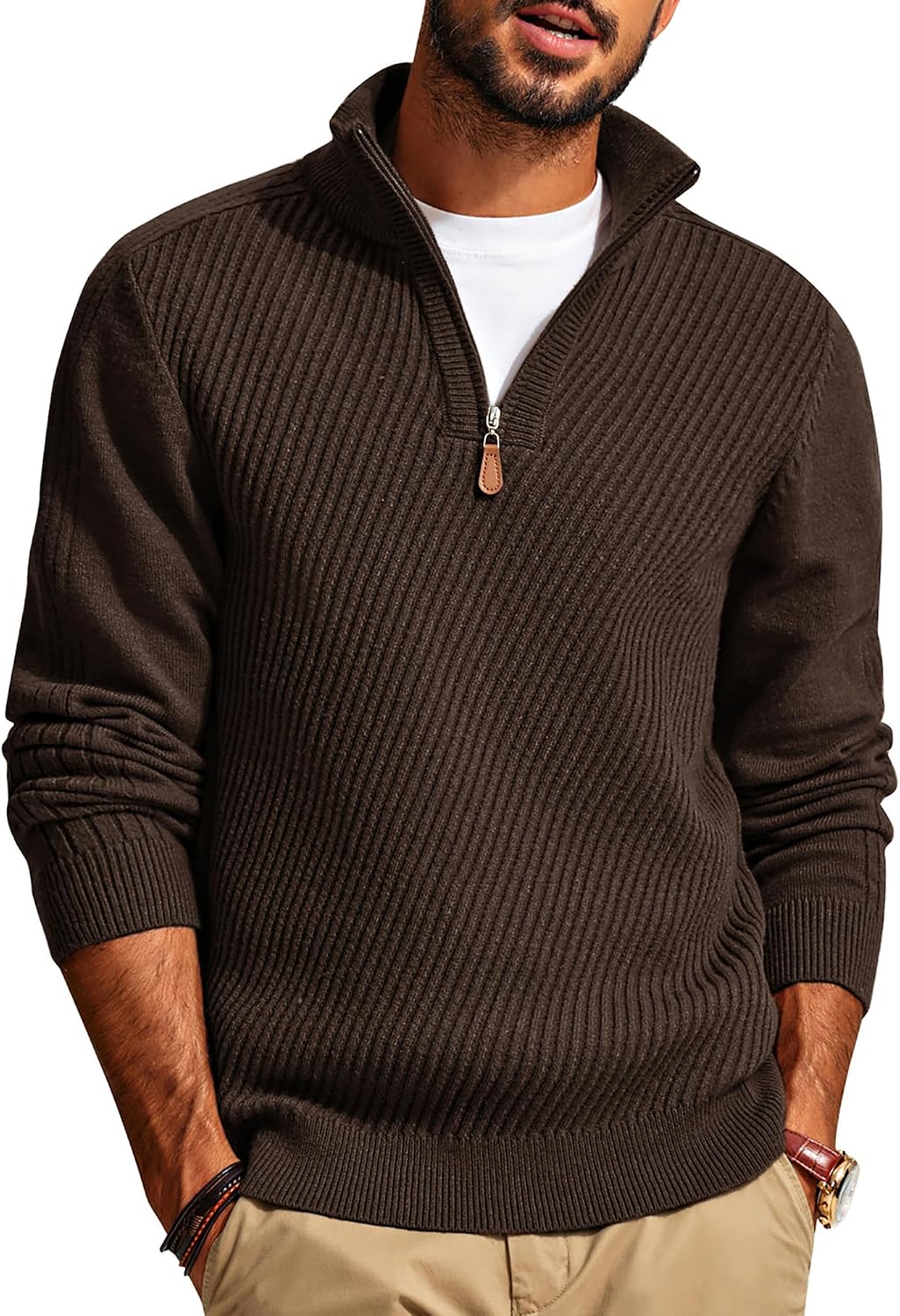Men's Long Sleeve Textured Pullover with Quarter Zip Knit Sweater