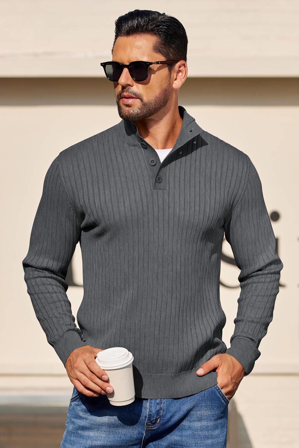 Men's Long Sleeve Ribbed Mock Neck Pullover with Quarter Button Knit