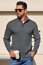 Men's Long Sleeve Ribbed Mock Neck Pullover with Quarter Button Knit