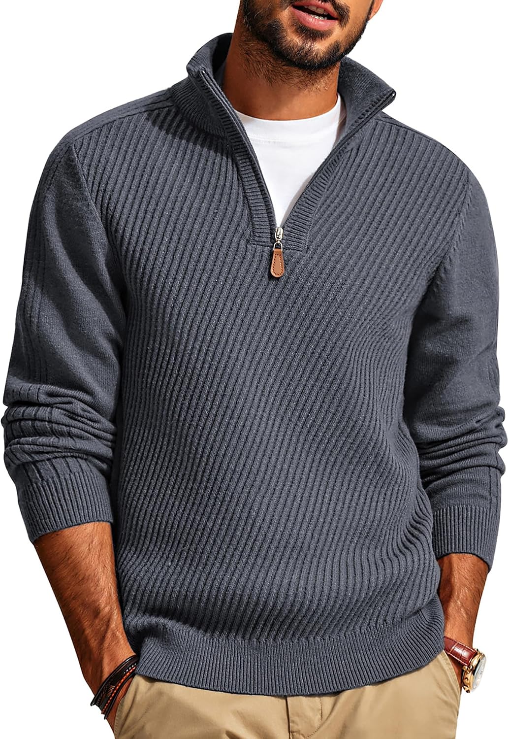 Men's Long Sleeve Textured Pullover with Quarter Zip Knit Sweater