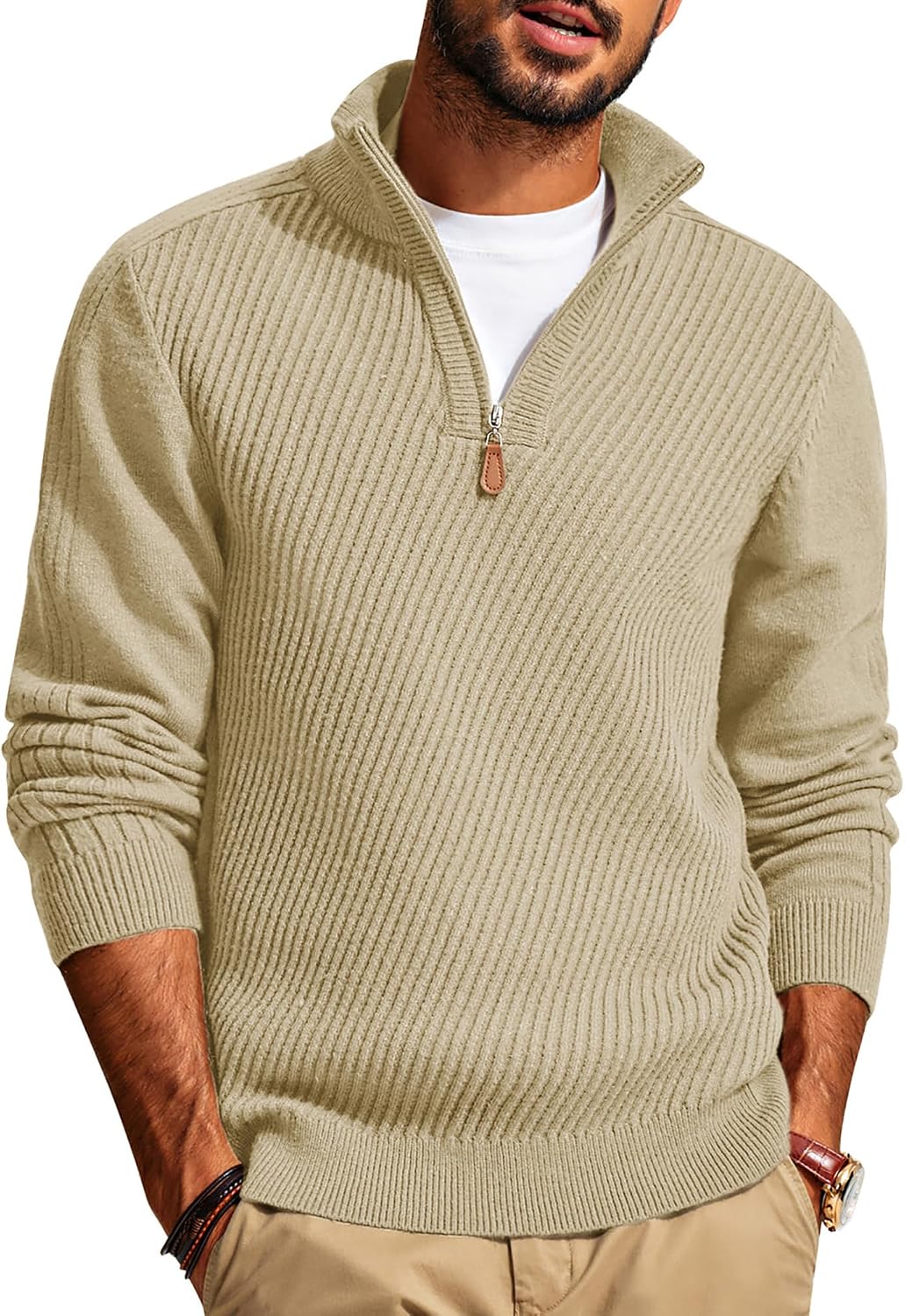 Men's Long Sleeve Textured Pullover with Quarter Zip Knit Sweater