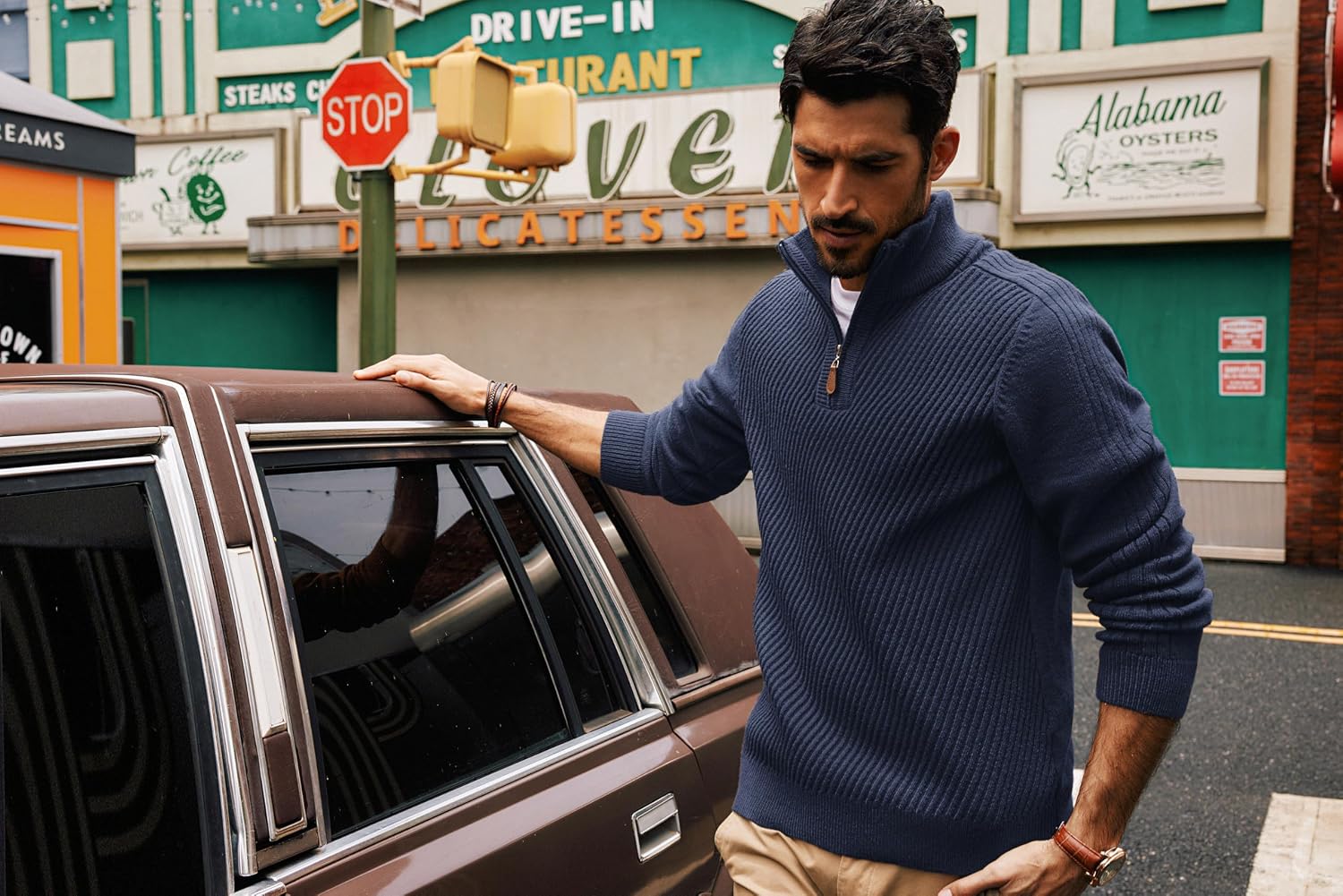 Men's Long Sleeve Textured Pullover with Quarter Zip Knit Sweater