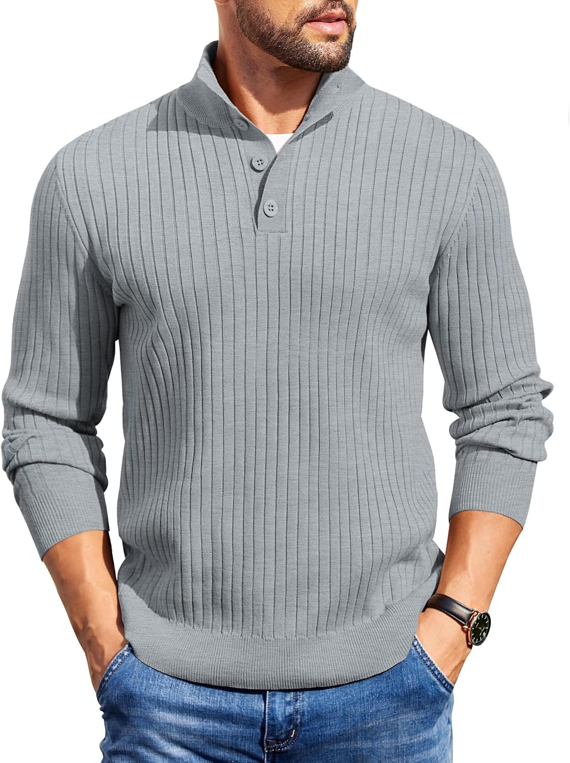 Men's Long Sleeve Ribbed Mock Neck Pullover with Quarter Button Knit