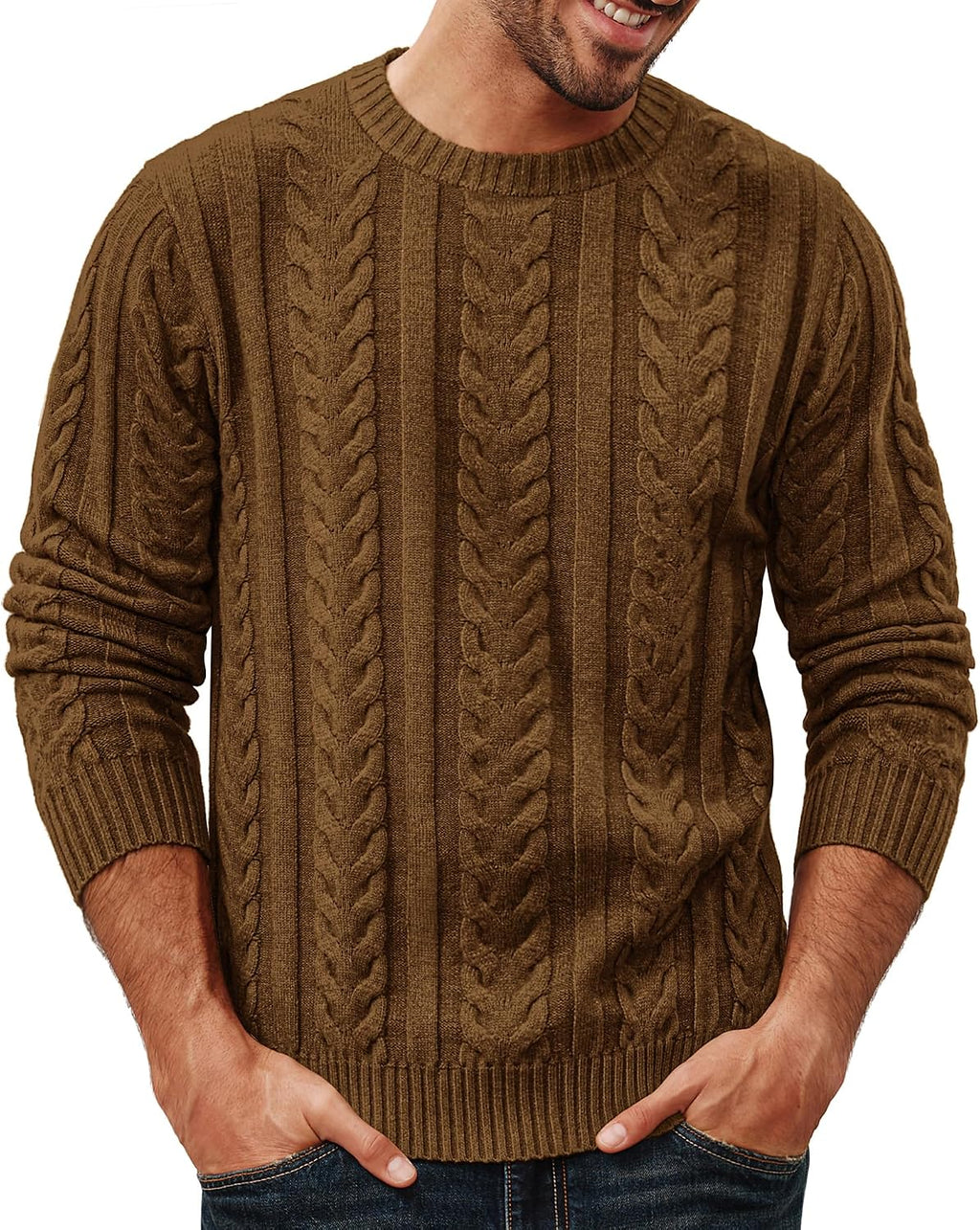 Men's Soft Textured Pullover Knit Jumper with Cable Knit Crew Neck Sweater