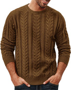 Men's Soft Textured Pullover Knit Jumper with Cable Knit Crew Neck Sweater