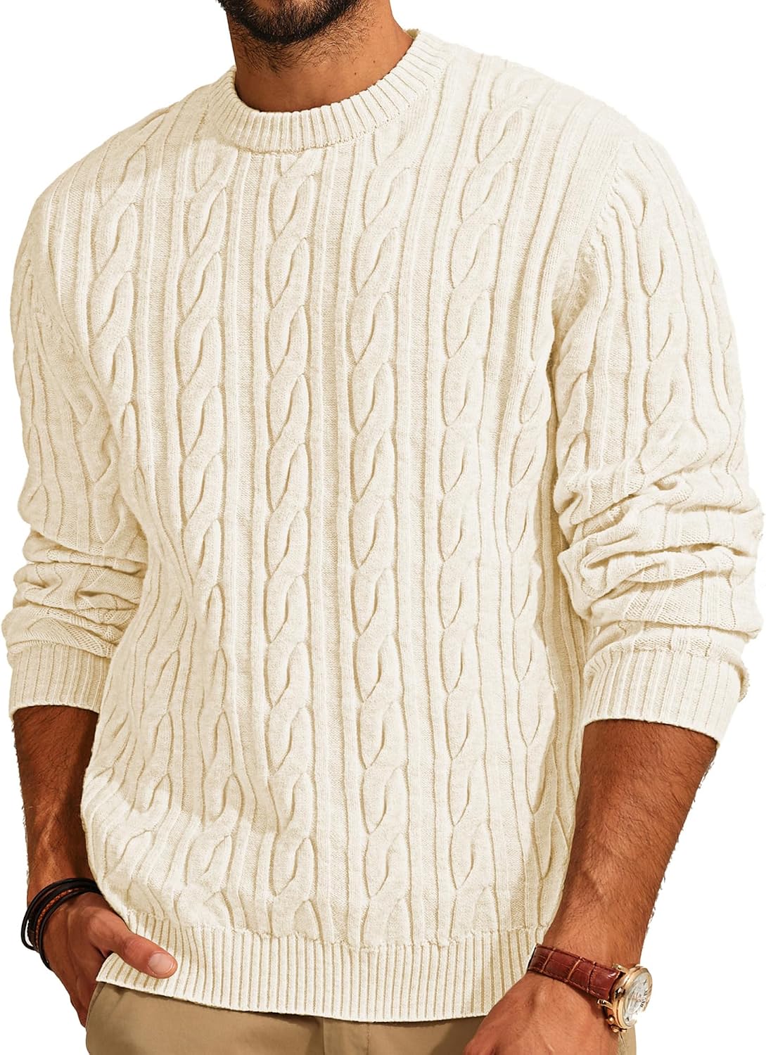 Men's Soft Textured Pullover Knit Jumper with Cable Knit Crew Neck Sweater