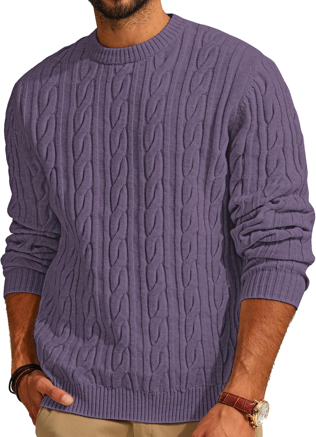 Men's Soft Textured Pullover Knit Jumper with Cable Knit Crew Neck Sweater