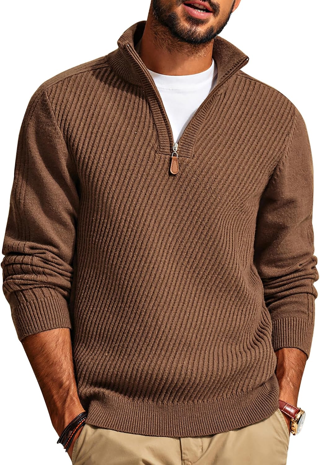 Men's Long Sleeve Textured Pullover with Quarter Zip Knit Sweater