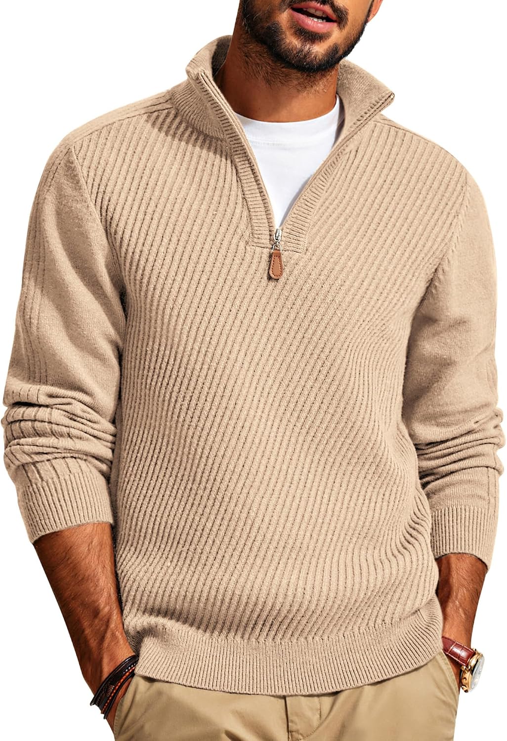 Men's Long Sleeve Textured Pullover with Quarter Zip Knit Sweater