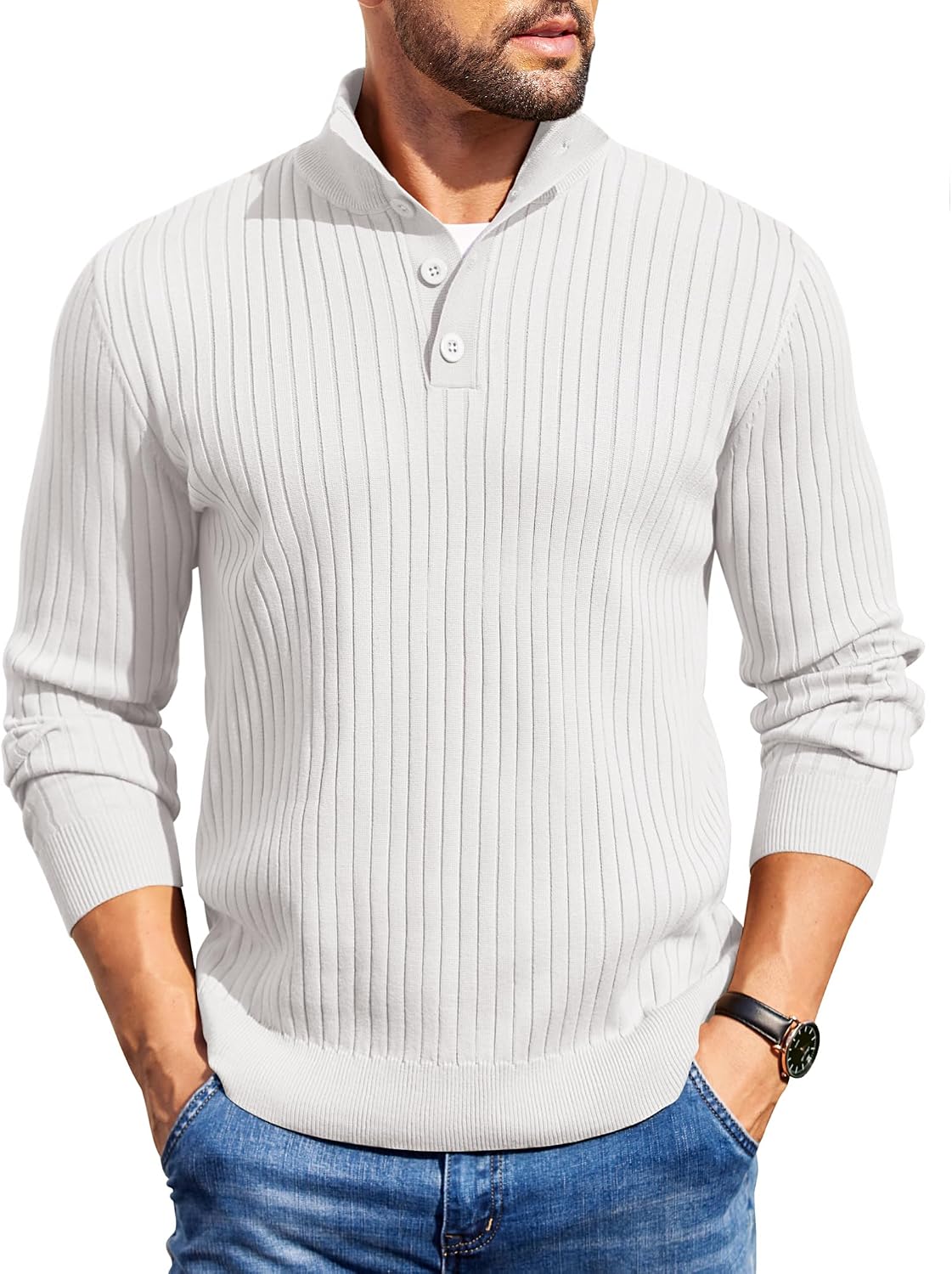 Men's Long Sleeve Ribbed Mock Neck Pullover with Quarter Button Knit