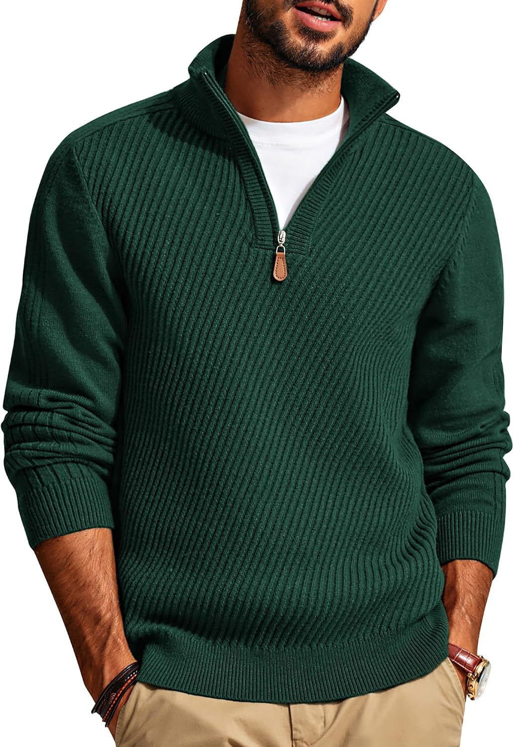 Men's Long Sleeve Textured Pullover with Quarter Zip Knit Sweater