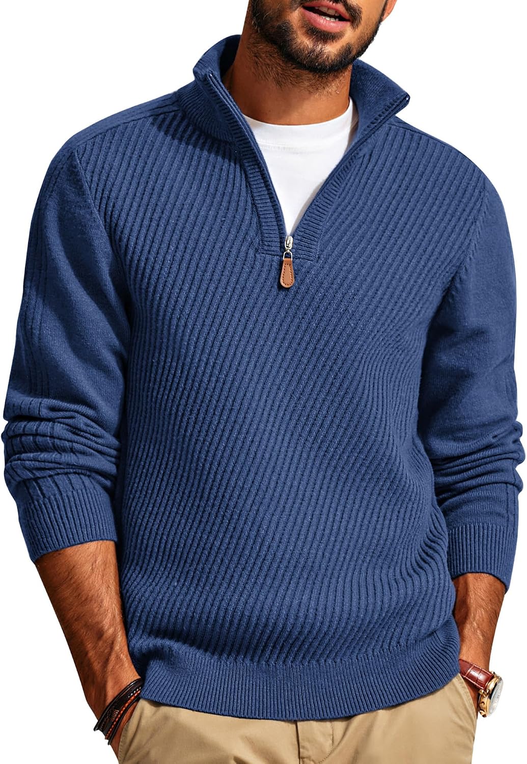 Men's Long Sleeve Textured Pullover with Quarter Zip Knit Sweater