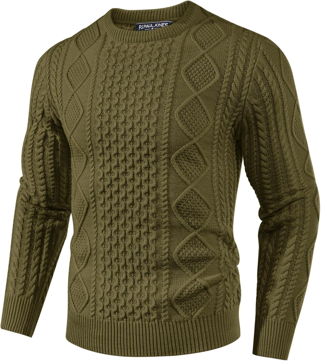 Men's Soft Textured Pullover Knit Jumper with Cable Knit Crew Neck Sweater