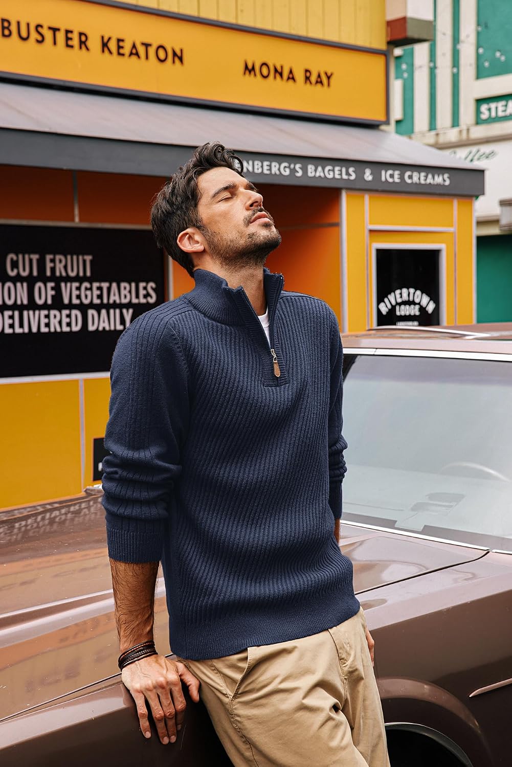 Men's Long Sleeve Textured Pullover with Quarter Zip Knit Sweater