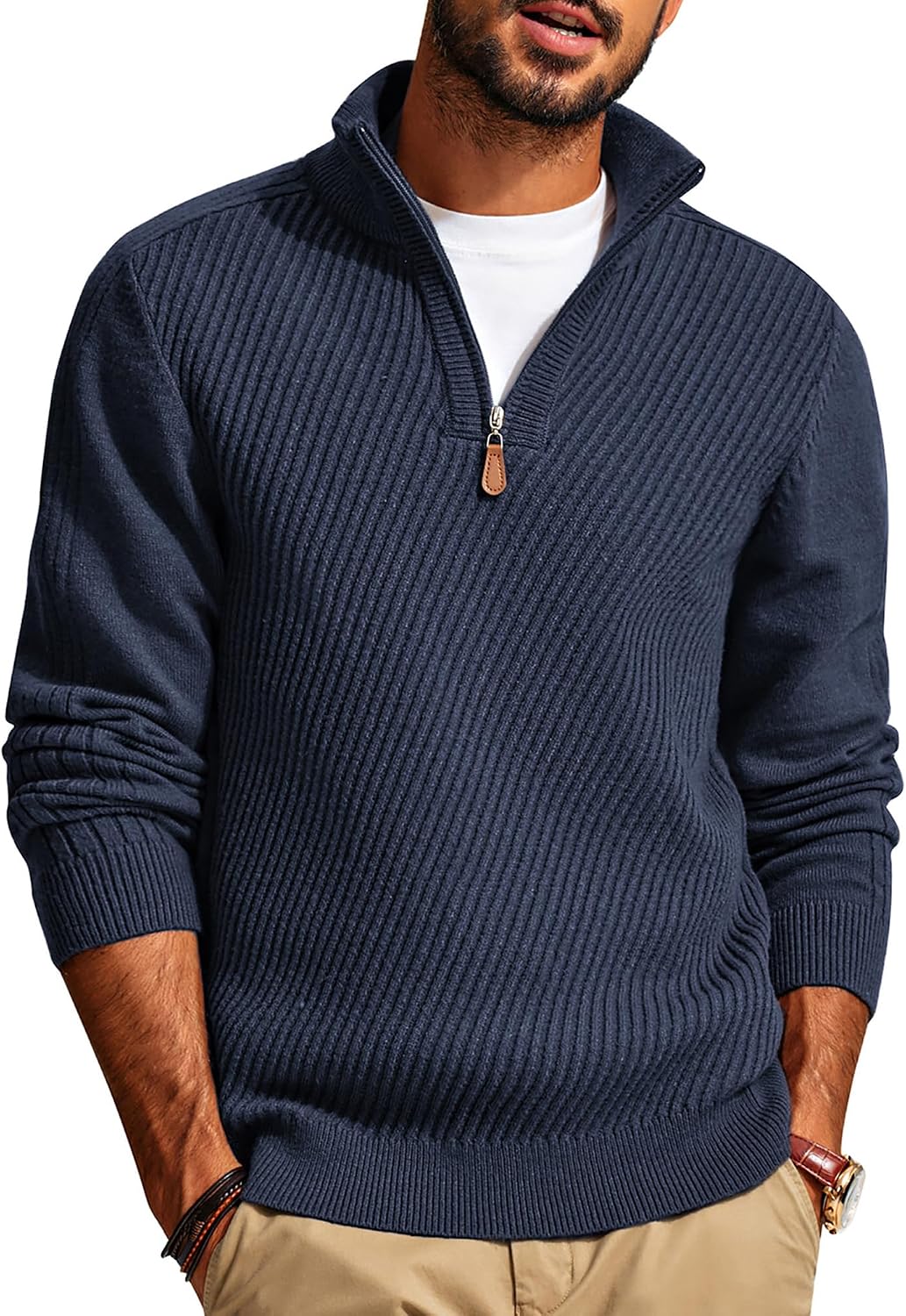 Men's Long Sleeve Textured Pullover with Quarter Zip Knit Sweater