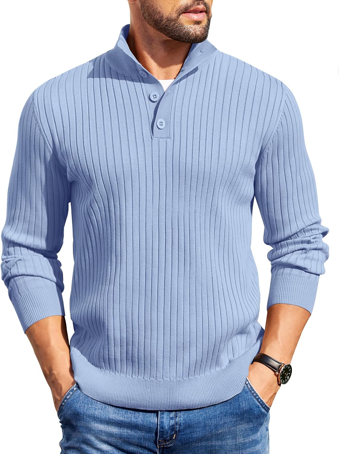 Men's Long Sleeve Ribbed Mock Neck Pullover with Quarter Button Knit