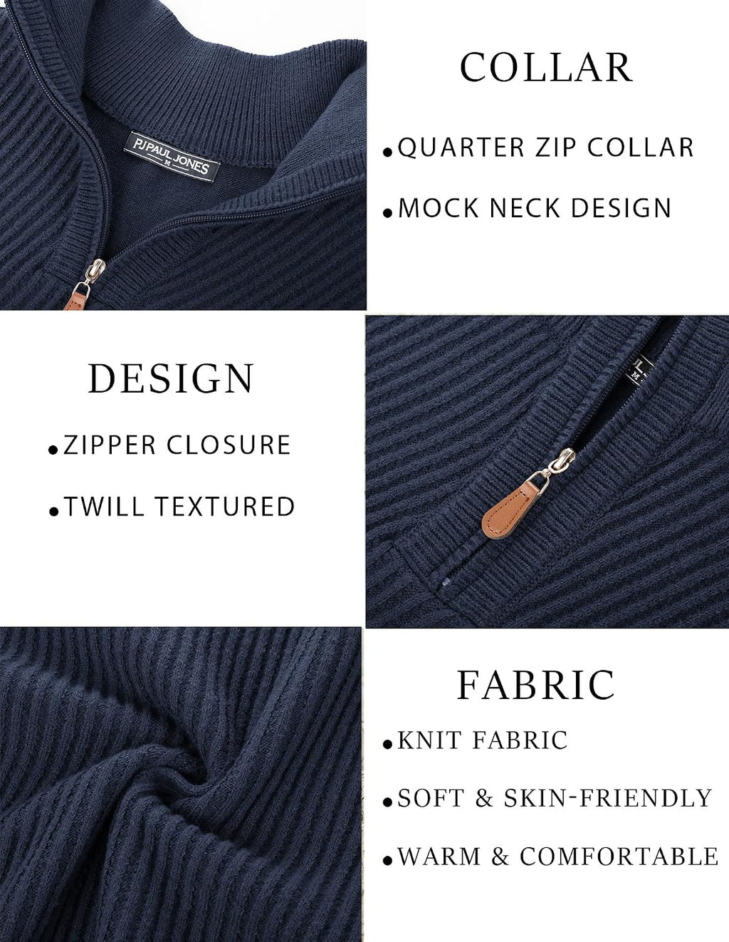 Men's Long Sleeve Textured Pullover with Quarter Zip Knit Sweater