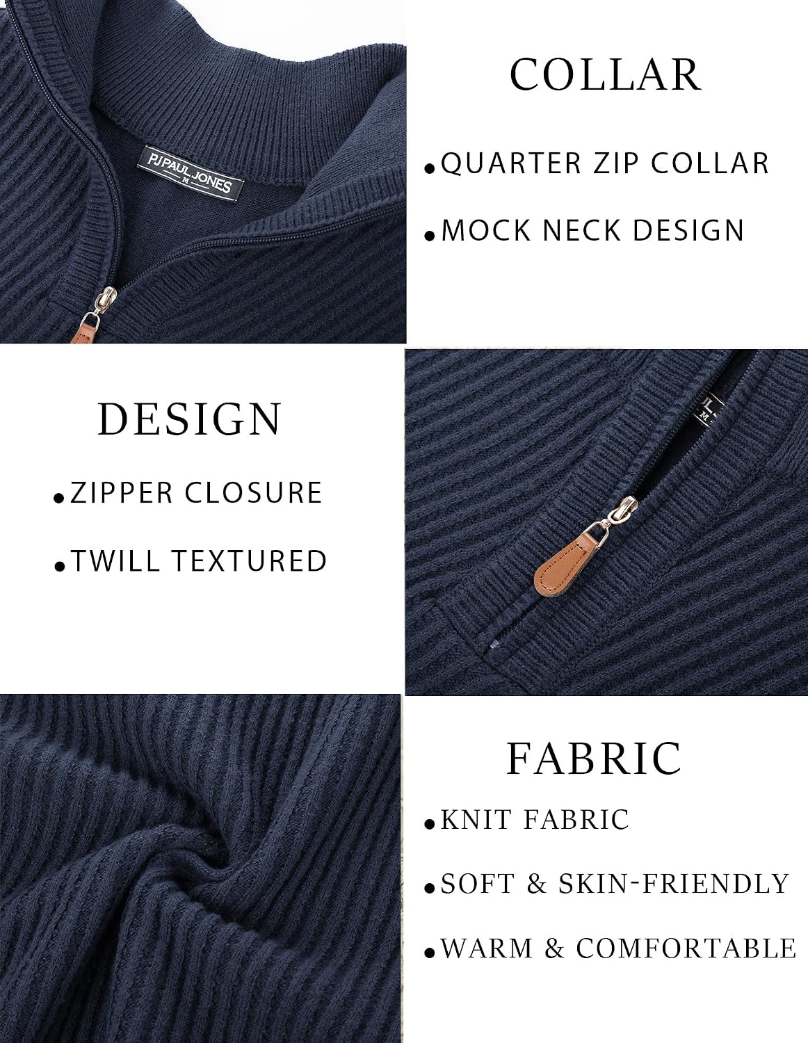 Men's Long Sleeve Textured Pullover with Quarter Zip Knit Sweater