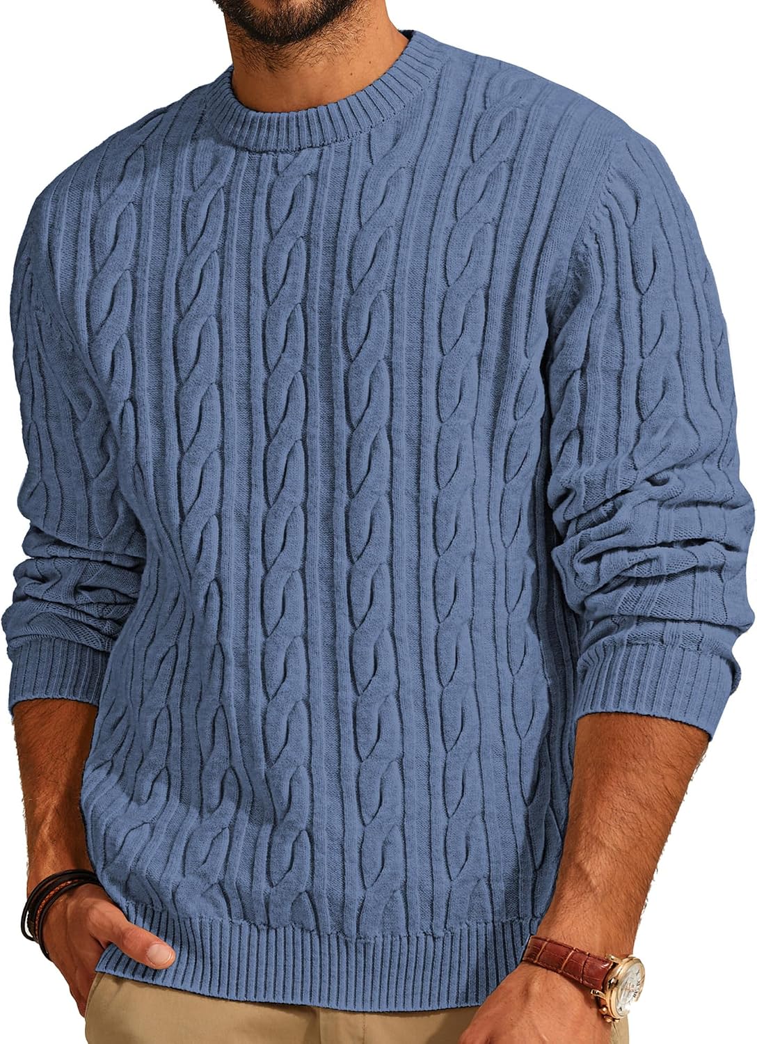 Men's Soft Textured Pullover Knit Jumper with Cable Knit Crew Neck Sweater