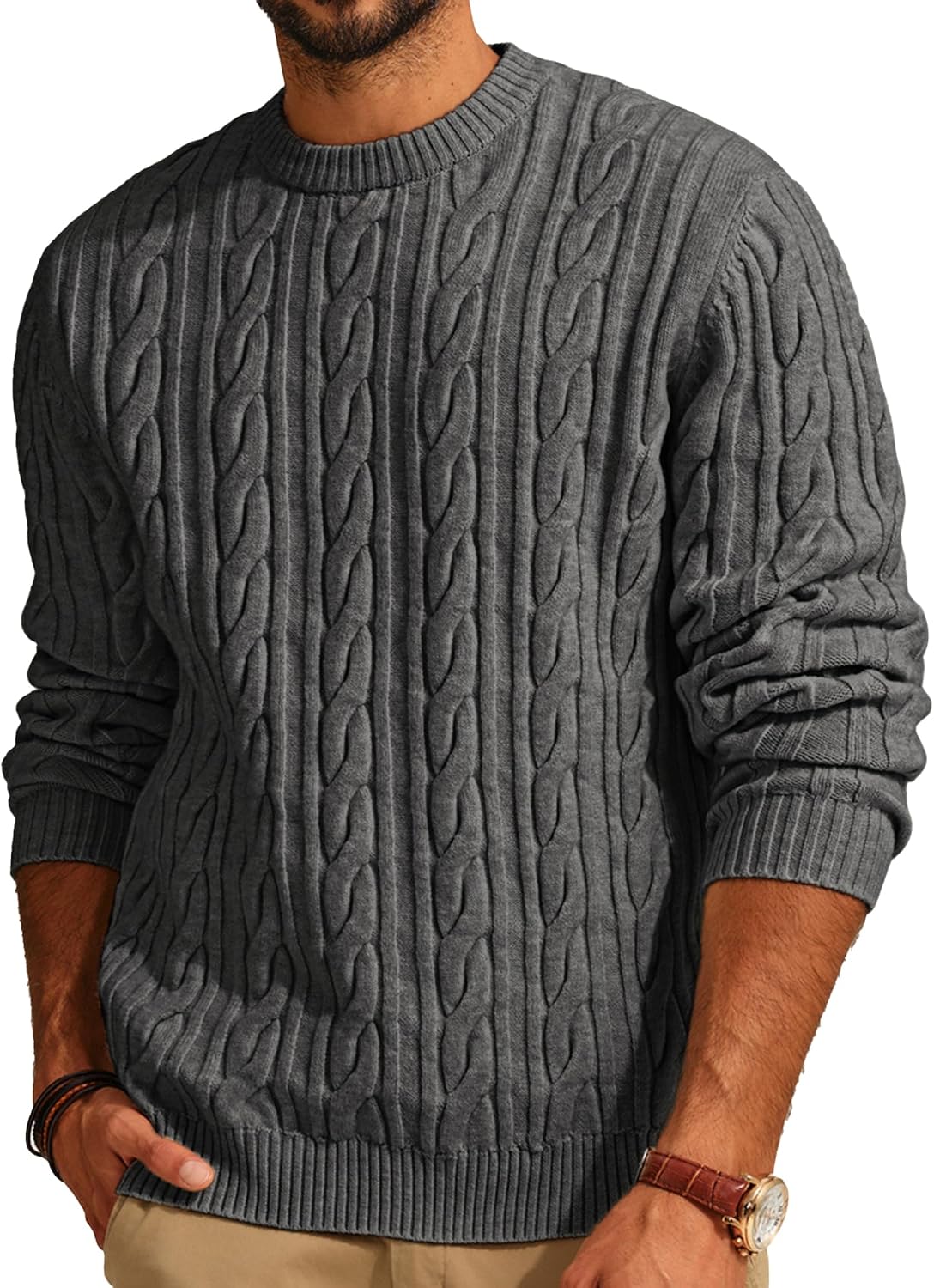 Men's Soft Textured Pullover Knit Jumper with Cable Knit Crew Neck Sweater