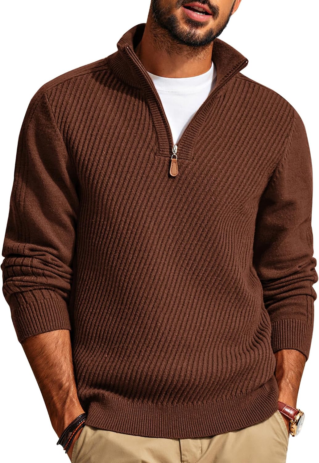 Men's Long Sleeve Textured Pullover with Quarter Zip Knit Sweater