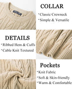 Men's Soft Textured Pullover Knit Jumper with Cable Knit Crew Neck Sweater