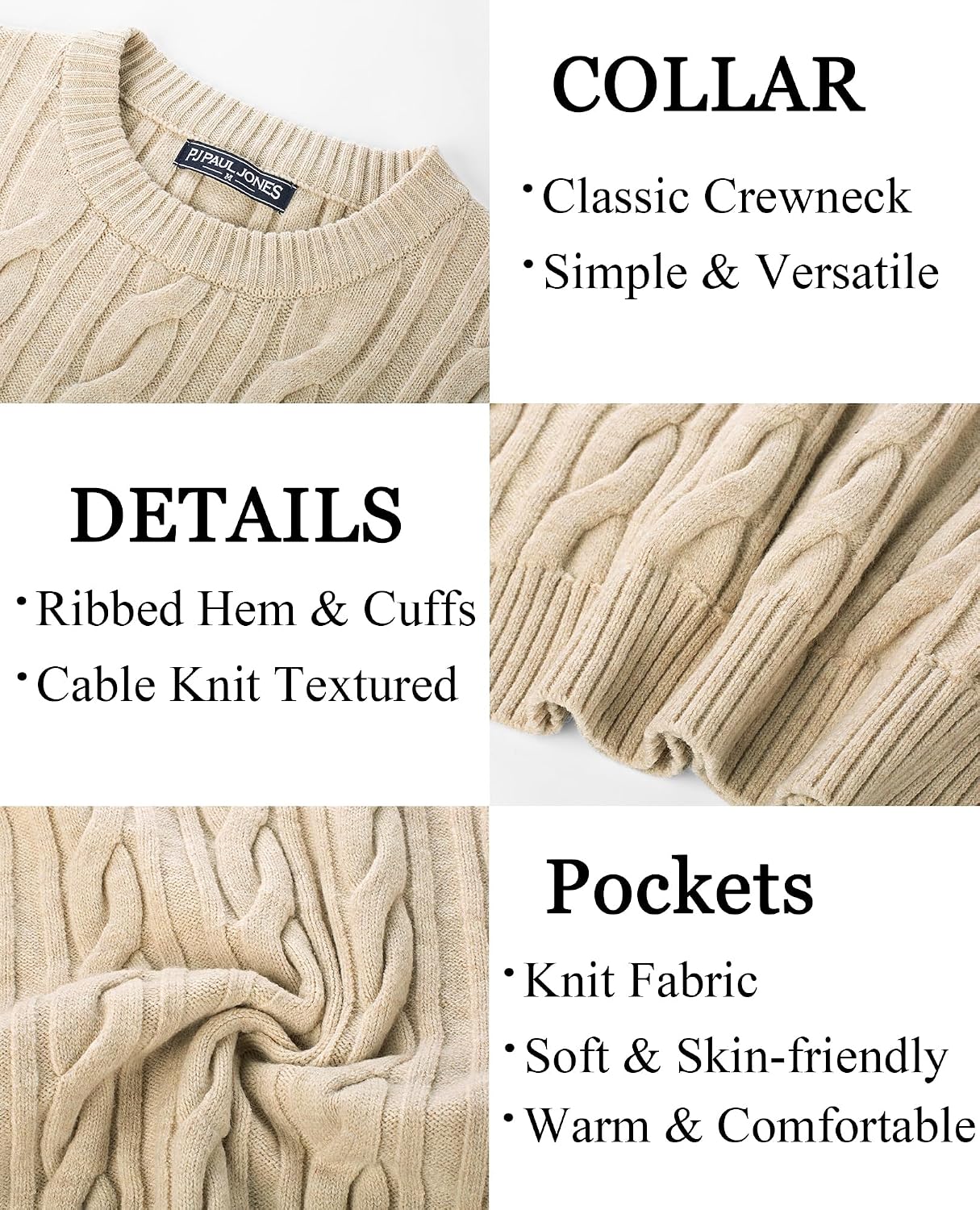 Men's Soft Textured Pullover Knit Jumper with Cable Knit Crew Neck Sweater