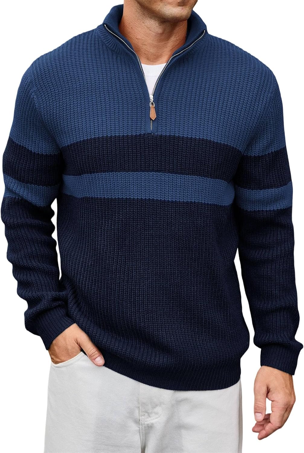 Men's Ribbed Knit Pullover with a Mock Neck and Quarter Zip Color