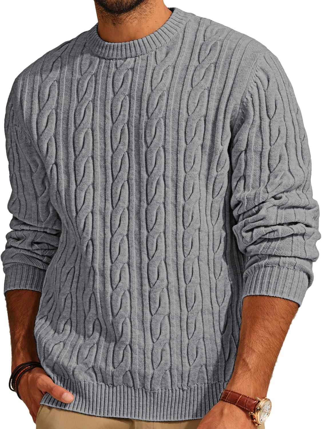 Men's Soft Textured Pullover Knit Jumper with Cable Knit Crew Neck Sweater