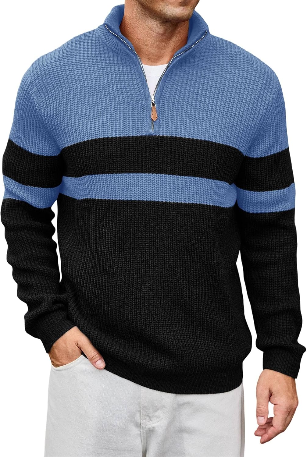 Men's Ribbed Knit Pullover with a Mock Neck and Quarter Zip Color