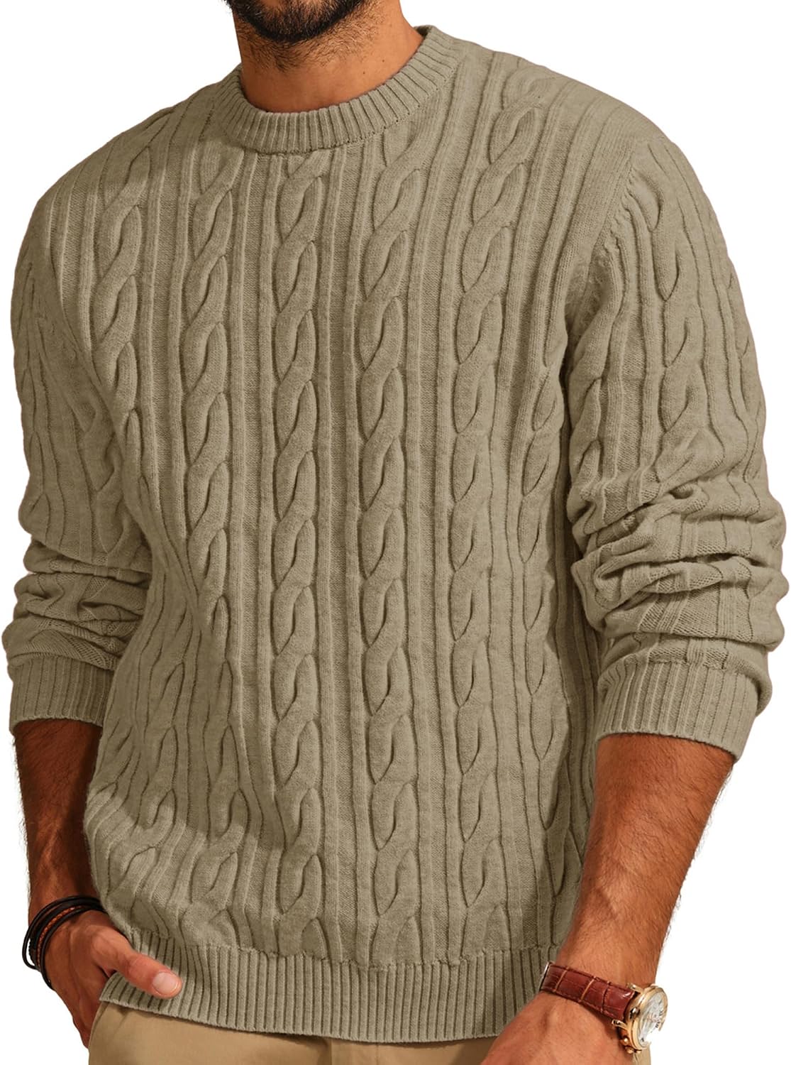 Men's Soft Textured Pullover Knit Jumper with Cable Knit Crew Neck Sweater