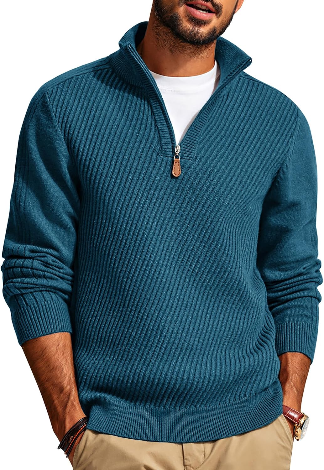 Men's Long Sleeve Textured Pullover with Quarter Zip Knit Sweater