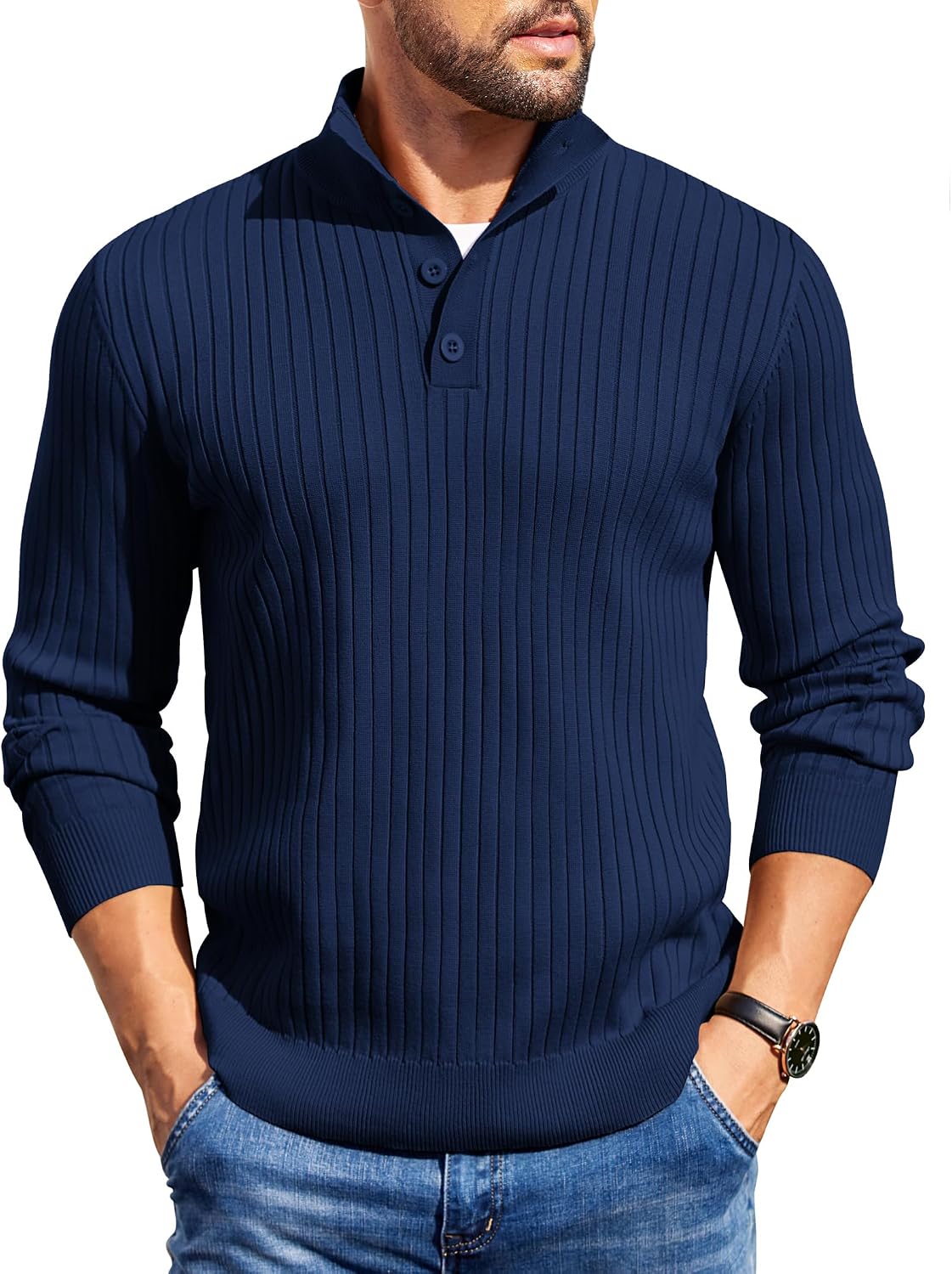 Men's Long Sleeve Ribbed Mock Neck Pullover with Quarter Button Knit
