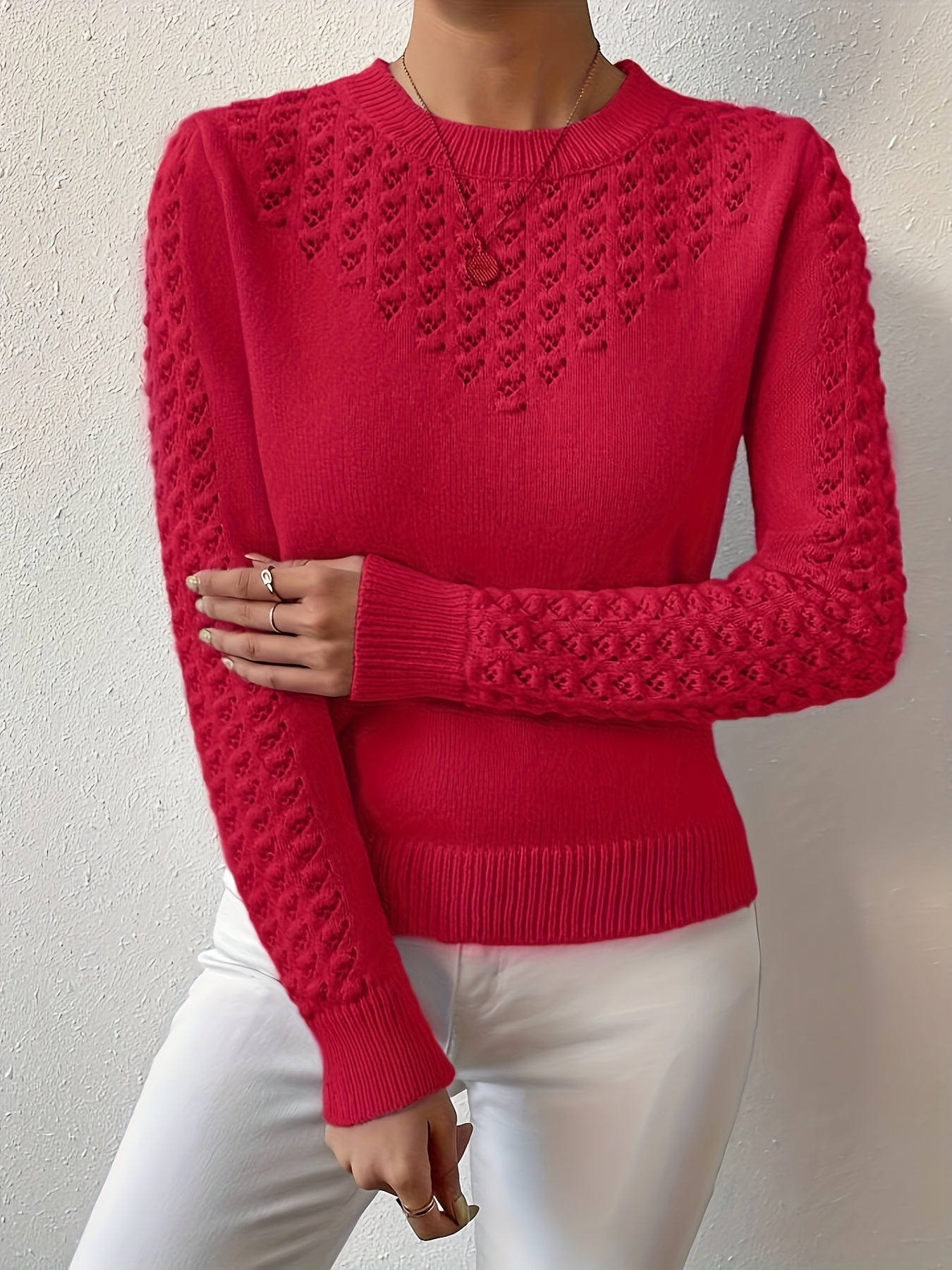 Women's Hollow Knit Cropped Sweater – Lightweight Crew Neck Pullover for Spring, Summer & Fall Casual Wear
